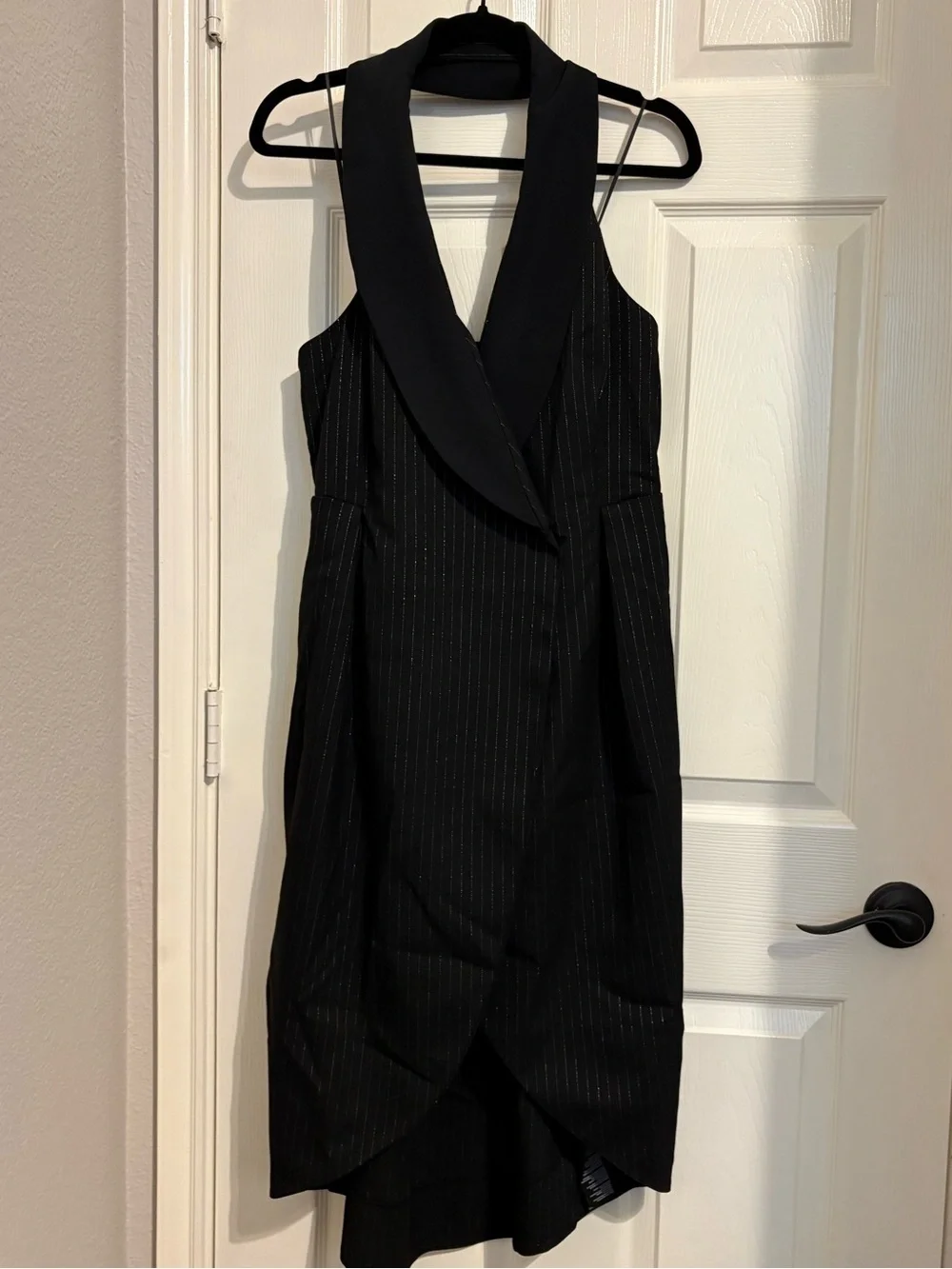 Anthropologie halter tuxedo strip midi wrap backless dress medium nwt